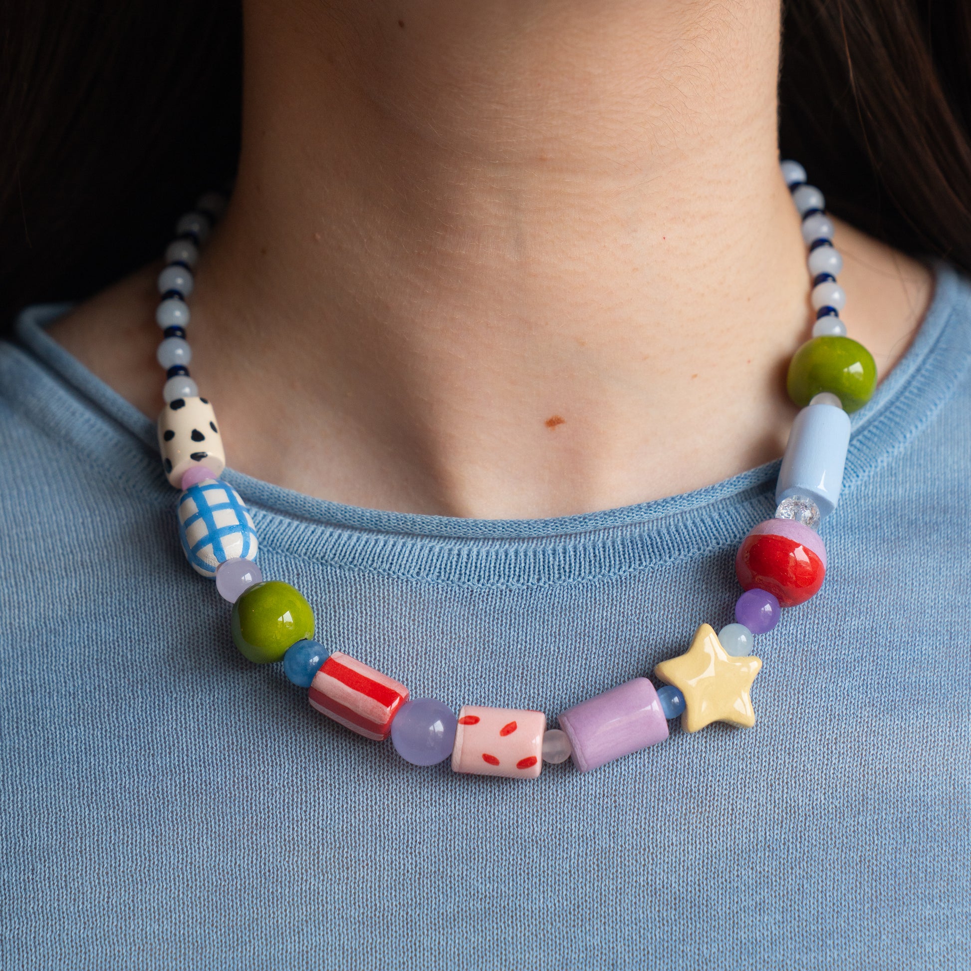 Collana Lunga In Ceramica Multicolore - Perline R Tonde E Ovali Con Cordoncini Seta - Regolabile 60-70 Cm - Stile Boho