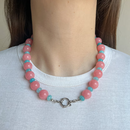 BASE COLLANA di agata rosa e giada azzurra