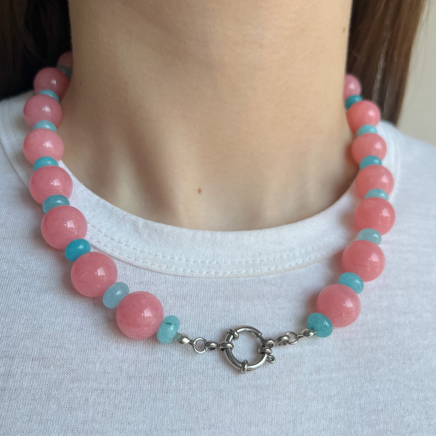 BASE COLLANA di agata rosa e giada azzurra