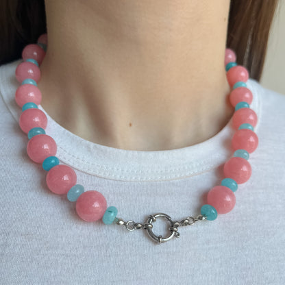 BASE COLLANA di agata rosa e giada azzurra